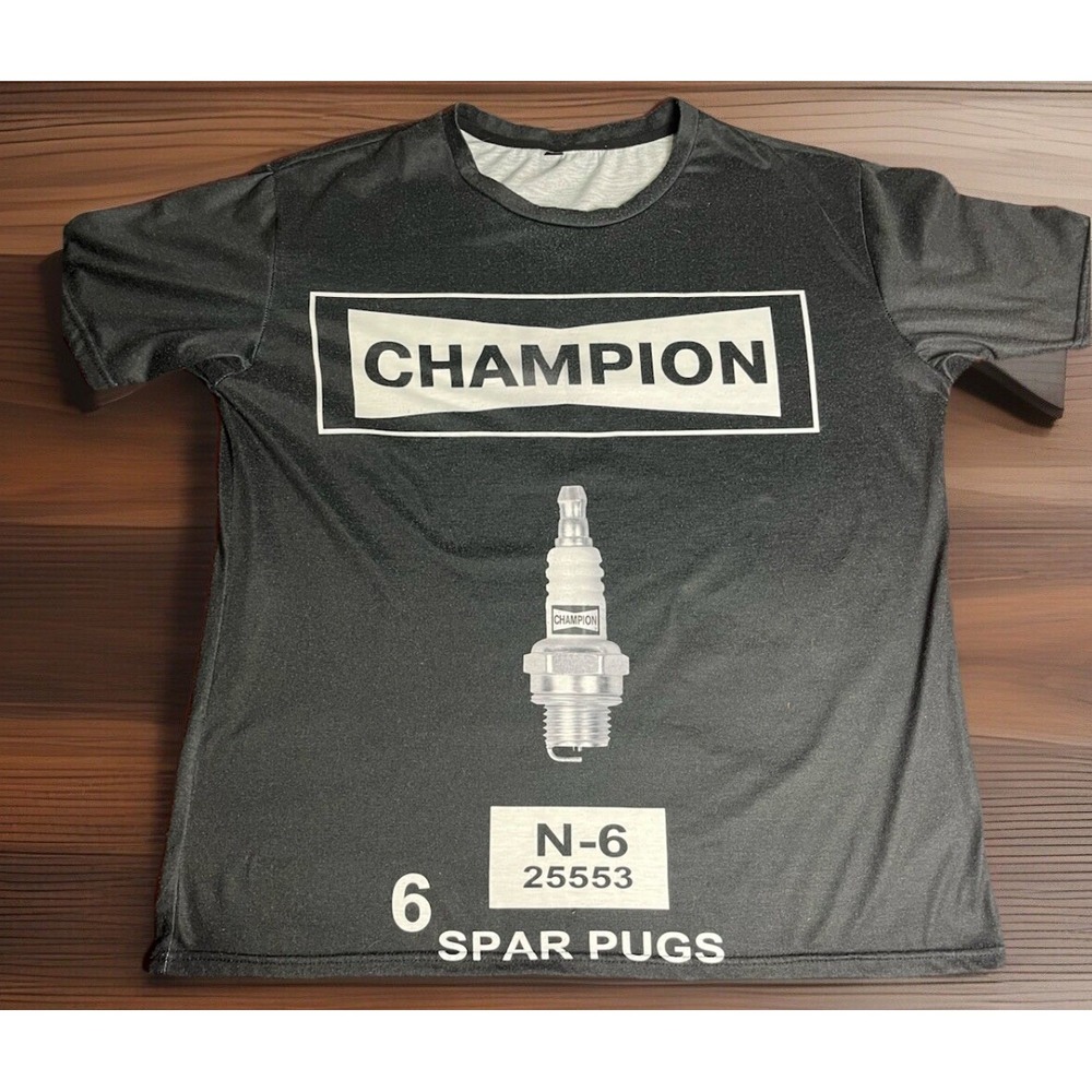 Champion Spark Plugs Black & Yellow T-shirt NHRA Hot Rod Drag Racing Tee Pin Up